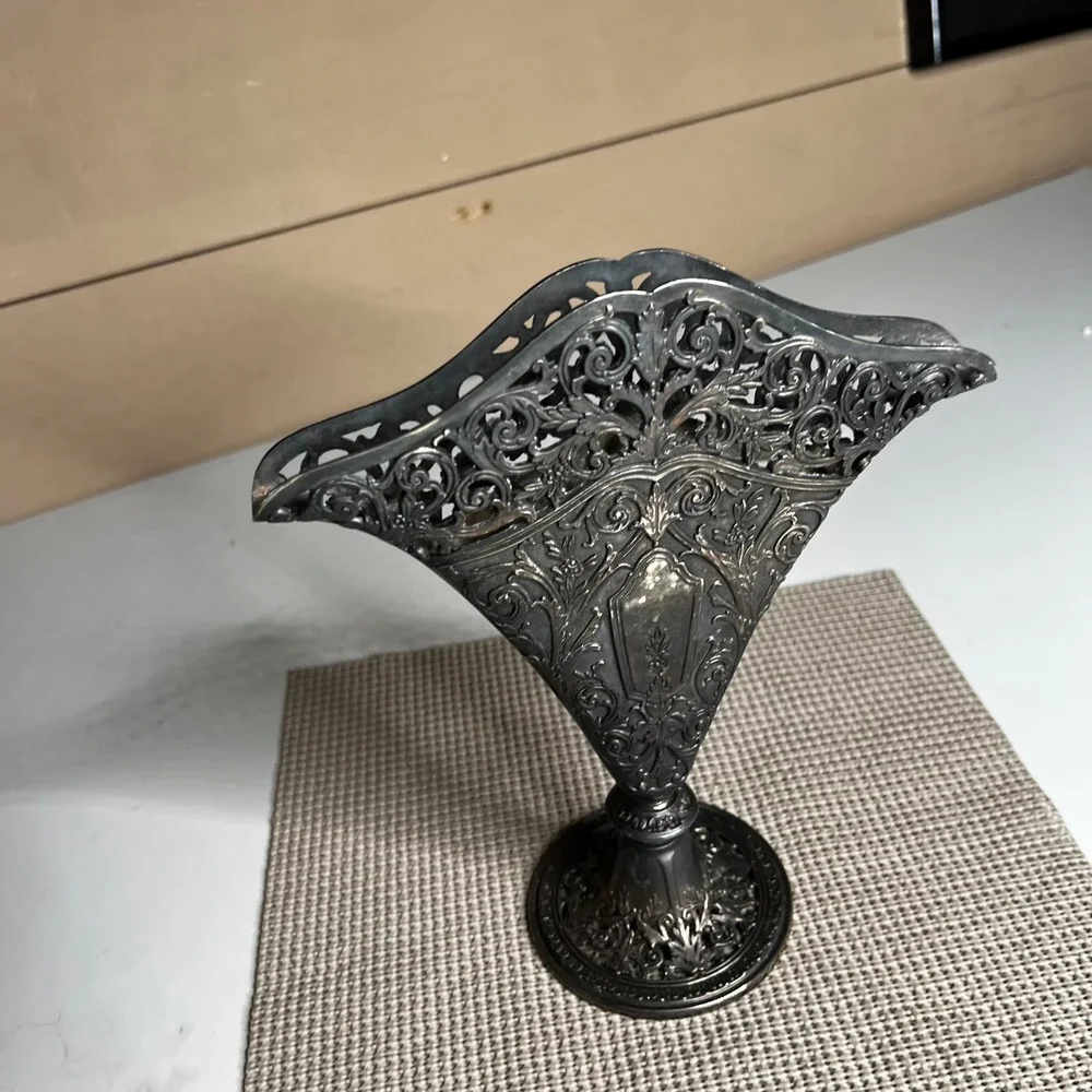 Vintage GSA 1991 Ornate Silver Tone Filigree Fan Shaped Pedestal Vase 9.5 Inch